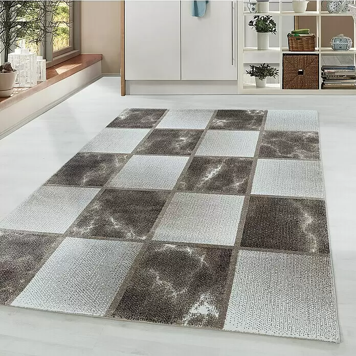Kurzflorteppich Ottawa 4201 - Braun, 200 x 140 cm, 100% Polypropylen - Braun-hellgrauer Schachbrett-Teppich mit Marmorierung.