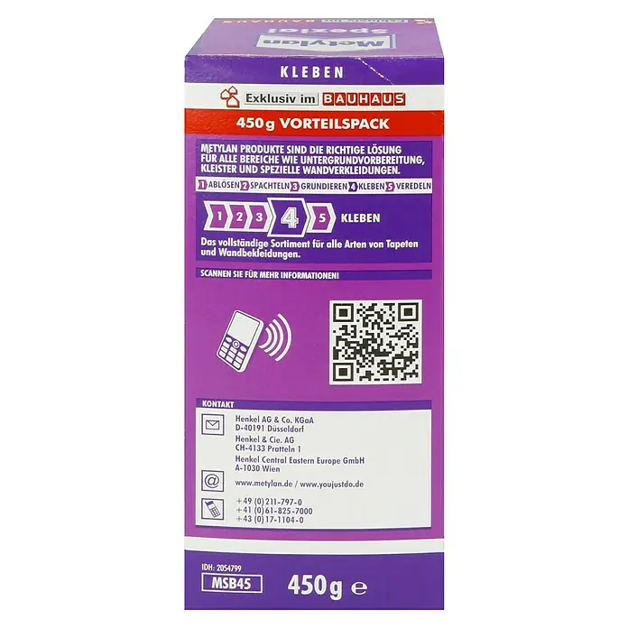 Metylan Tapetenkleister Spezialkleister - 450 g - Produktverpackung von Metylan Spezial Kleben 450g, exklusiv im Bauhaus erhältlich, für alle Wandverkleidungen und Tapeten geeignet.