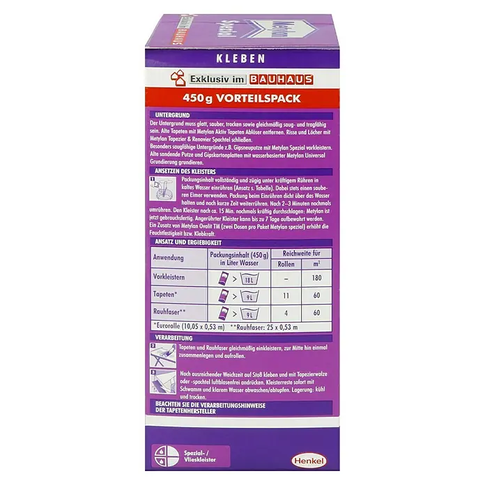 Metylan Tapetenkleister Spezialkleister - 450 g - Abbildung eines Metylan Spezial Vlieskleister-Kartons, ideal zum Kleben von Tapeten und Vlies. Perfekt für Renovierungen und kreative Projekte!