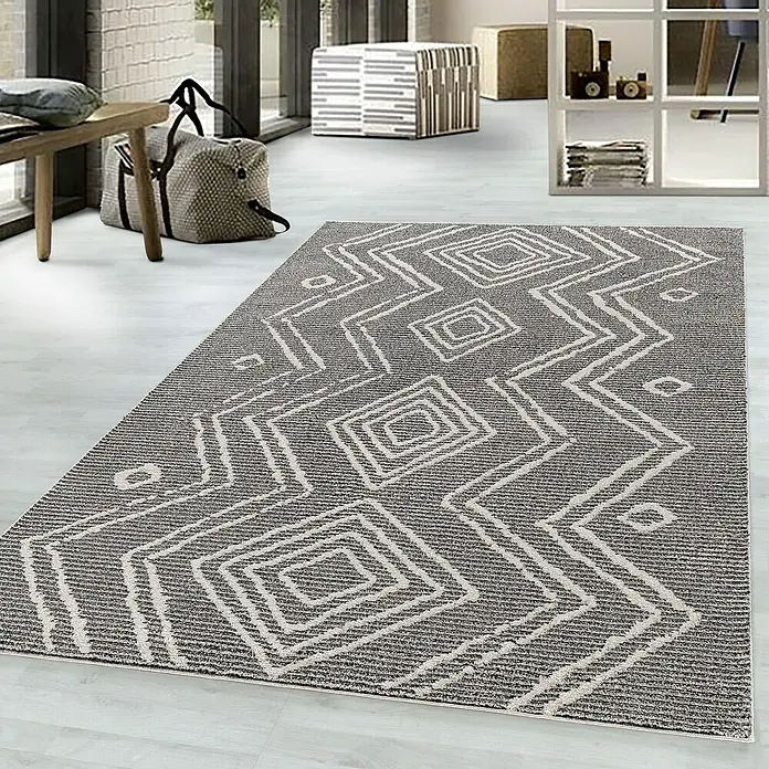 Kurzflorteppich Taznaxt 5104Schwarz, 250 x 80 cm, 100% Polyester - Grauer Teppich mit geometrischem Muster, der dem Raum einen modernen Touch verleiht. Perfekt für Wohn- oder Schlafzimmer, stilvoll und gemütlich.