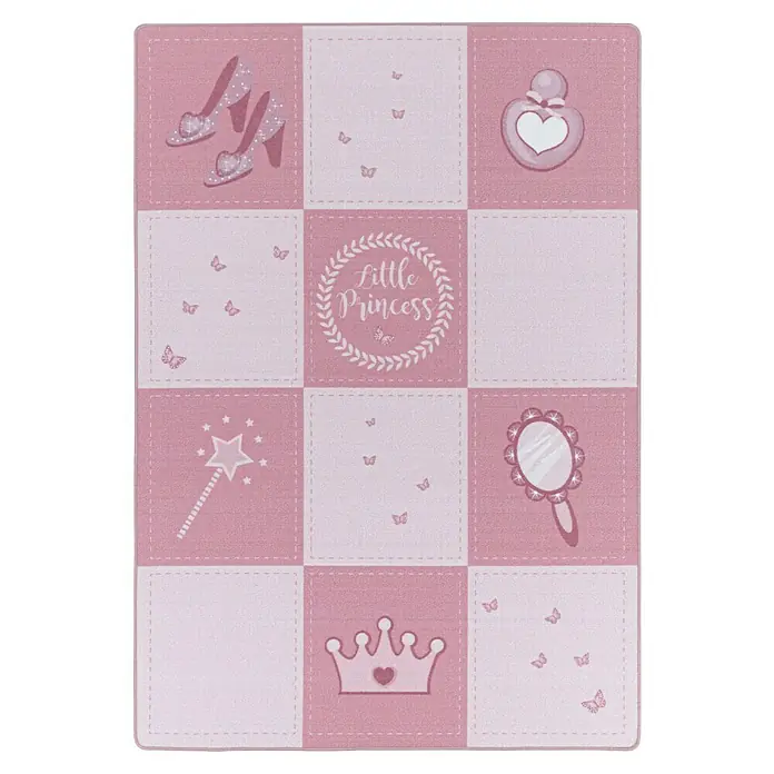Kinderteppich Play 2905 - Pink, 200 x 140 cm, 100% Polyamide - Ein entzückender, rosafarbener Spielteppich mit Prinzessinnenmotiven wie Schuhen, Krone, Zauberstab und "Little Princess"-Schriftzug.