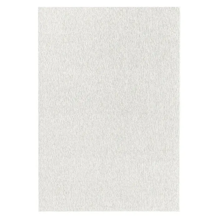 Flachgewebeteppich Nizza 1800 - Cream, 370 x 280 cm, 100% Polypropylen - Nahaufnahme einer quadratischen, weißen Stoffprobe mit feiner, unregelmäßiger Textur, ideal für Designprojekte.
