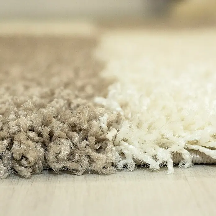Hochflorteppich Gala 2505Beige, 250 x 80 cm, 100% Polypropylen - Nahaufnahme eines zweifarbigen Shaggy-Teppichs, der durch seine weiche Textur und Farbgebung einladend wirkt.