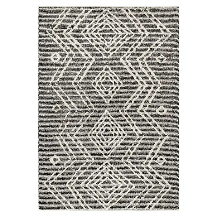 Kurzflorteppich Taznaxt 5104 - Schwarz, 200 x 140 cm, 100% Polyester - Ein stilvoller grauer Teppich mit einem markanten weißen Rautenmuster, das jedem Raum einen Hauch von modernem Design verleiht.