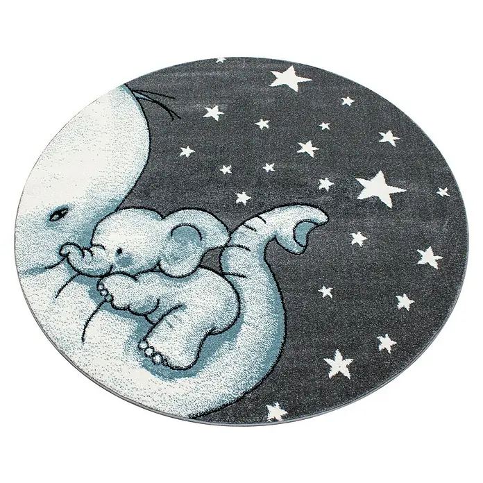 Kinderteppich Kids 0560Blau, Durchmesser: 120 cm, 100% Polypropylen - Runder Teppich mit Elefantenmotiv, ideal für Kinderzimmer. Das Design zeigt einen Baby-Elefanten, der auf einem Mond mit Sternen schläft.
