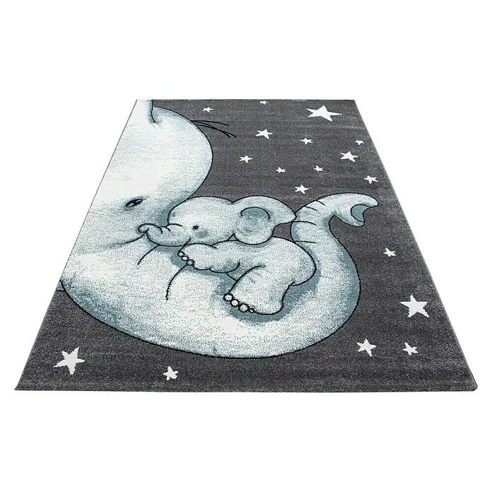 Kinderteppich Kids 0560Blau, 230 x 160 cm, 100% Polypropylen - Ein rechteckiger Teppich mit einem grauen Hintergrund und einem Design einer Elefantenmutter, die ein Baby hält, umgeben von Sternen.