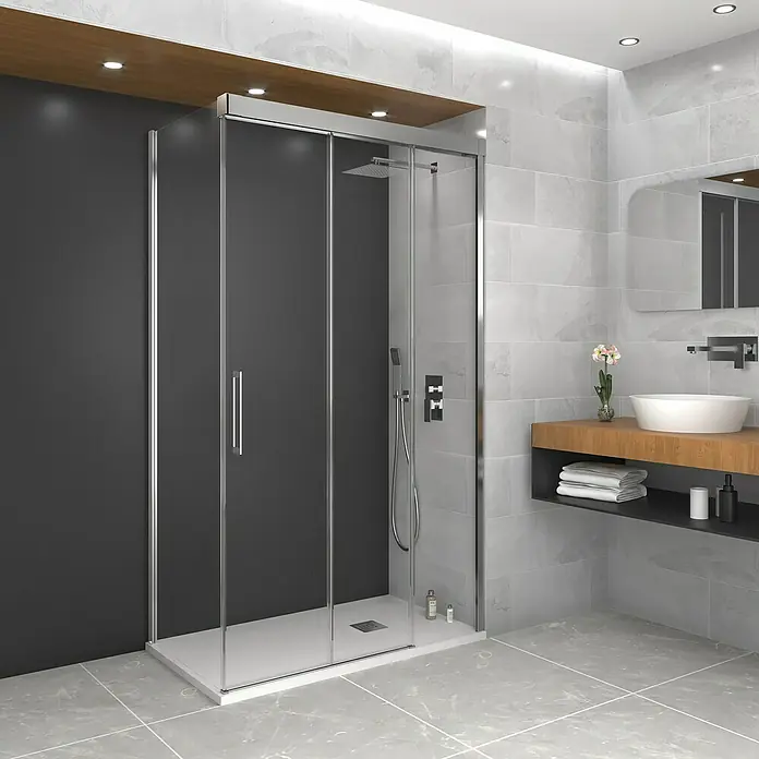 GME Mampara de ducha frontal Trio frontal + lateral - L x An x Al: 80 x 145 x 195 cm, Acero, Espesor de vidrio: 6 mm - Elegante cabina de ducha con líneas limpias y puerta corredera, ideal para baños modernos. El diseño ofrece comodidad y estilo.