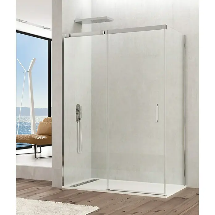 GME Mampara de ducha frontal Temple - L x An x Al: 75 x 100 x 195 cm, Plata brillo, Espesor de vidrio: 6 mm, Vidrio transparente - Elegante cabina de ducha con puerta corredera de vidrio transparente y diseño minimalista. La grifería y el cabezal tienen un diseño moderno.