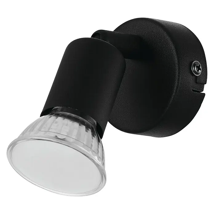 Eglo LED-Deckenstrahler BUZZ-LED - 3 W, Schwarz, 1 Stk. - Nahaufnahme einer schwarzen Wandleuchte mit verstellbarem Spotkopf und energiesparender LED für ein modernes Ambiente.