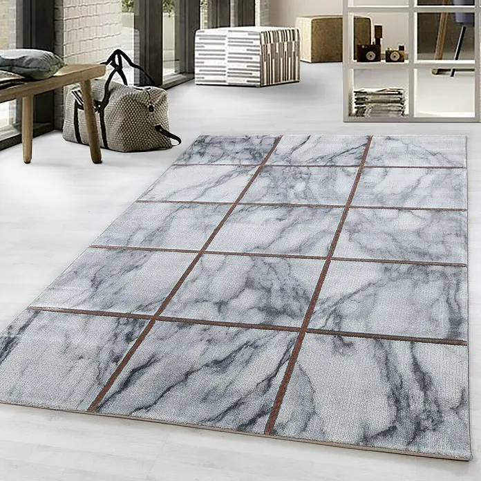 Kurzflorteppich Naxos 3816 - Bronze, 200 x 140 cm, 80% Polypropylen, 20% Polyester - Ein rechteckiger Teppich mit Marmorfliesenmuster und braunen Linien, der einen stilvollen Akzent in jedem Raum setzt.
