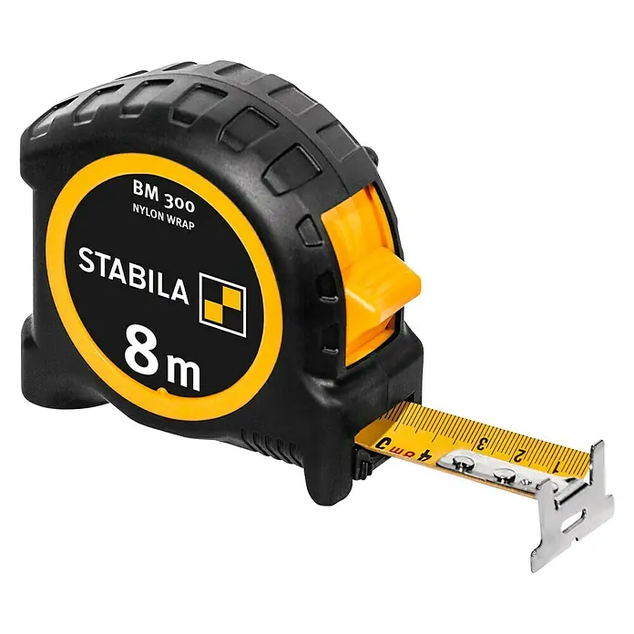 Stabila Taschenbandmaß BM 300 - 8 m - Nahaufnahme eines Stabila BM 300 Rollbandmaßes mit 8 m Länge.
