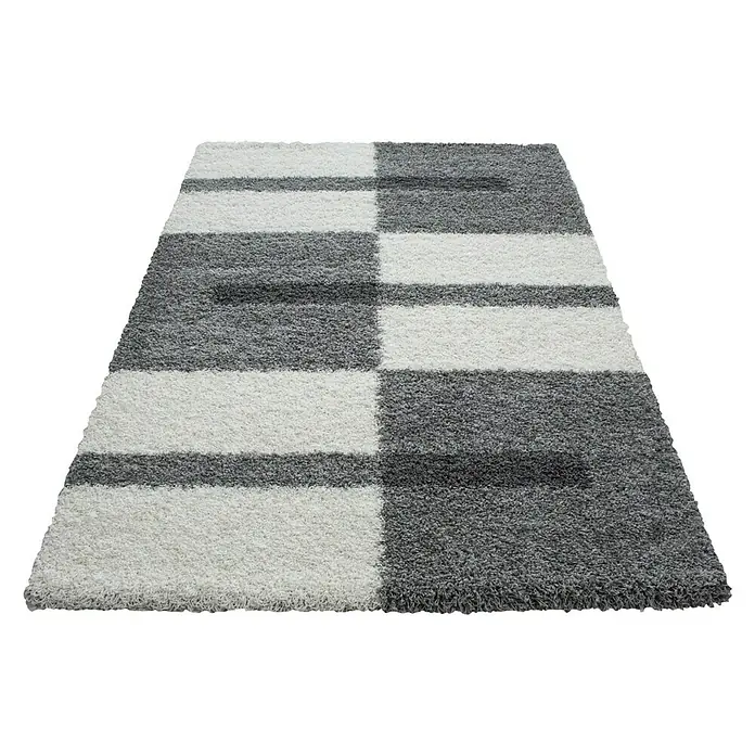 Hochflorteppich Gala 2505Light Grey, 110 x 60 cm, 100% Polypropylen - Grauer und weißer Teppich mit geometrischem Muster, ideal für moderne Wohnräume und zur Aufwertung des Bodens.