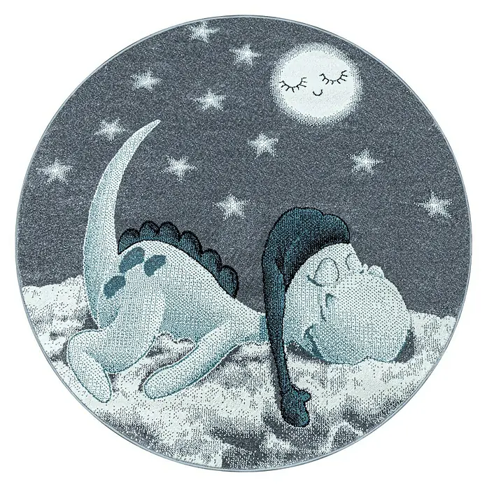 Kinderteppich Bambi 0840 - Blau, Durchmesser: 120 cm, 100 % Polypropylen - Der runde Kinderteppich zeigt einen schlafenden Dino mit Schlafmütze unter einem lächelnden Mond und Sternen auf grauem Grund.