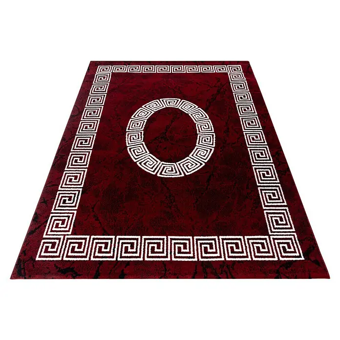 Kurzflorteppich Plus 8009 - Rot, 200 x 140 cm, 100 % Polypropylen - Roter Teppich mit griechischem Mäandermuster und zentralem Kreis, ideal für stilvolle Akzente im Wohnbereich.