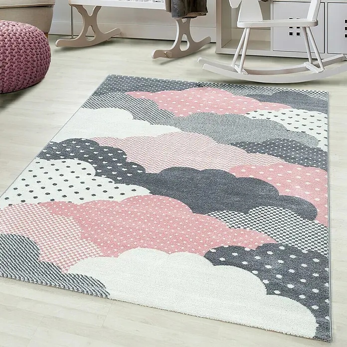 Kinderteppich Bambi 0820 - Pink, 150 x 80 cm, 100 % Polypropylen - Bunter Teppich mit Wolkenmuster in Rosa, Grau und Weiß. Ideal für Kinderzimmer.