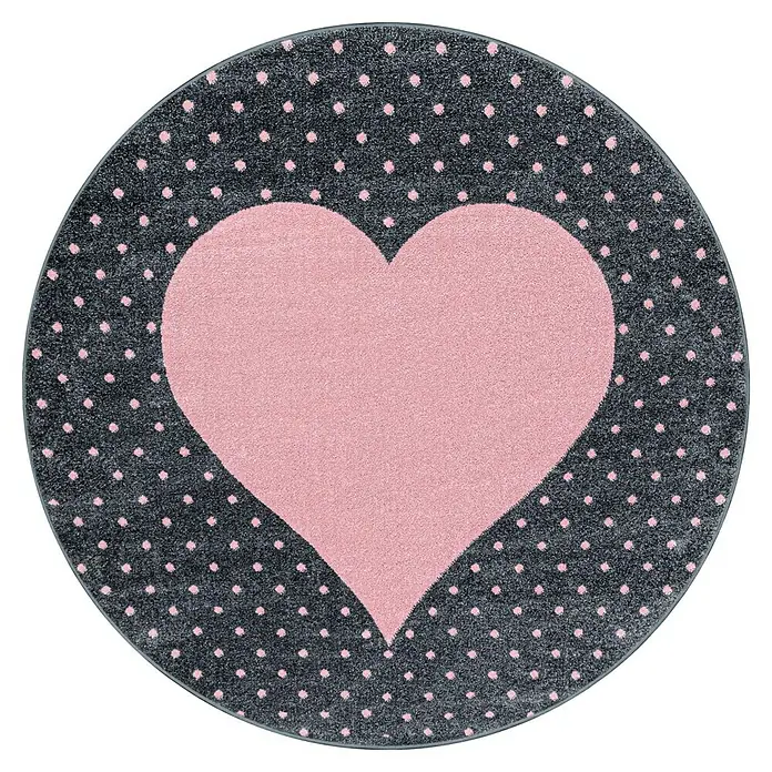Kinderteppich Bambi 0830Pink, 120 cm, 100 % Polypropylen - Runder Teppich mit rosa Herzmotiv auf einem grau gepunkteten Hintergrund. Ideal für Kinderzimmer oder als dekorativer Akzent.