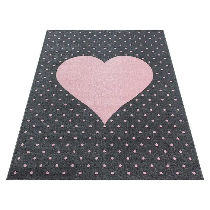 Kinderteppich Bambi 0830Pink, 150 x 80 cm, 100 % Polypropylen - Ein grauer Teppich mit rosa Punkten und einem großen rosa Herz in der Mitte. Perfekt für ein Kinderzimmer.