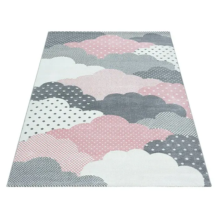 Kinderteppich Bambi 0820 - Pink, 150 x 80 cm, 100 % Polypropylen - Dieser Teppich mit einem verspielten Wolkenmuster in Rosa-, Grau- und Weißtönen bringt eine fröhliche Note in jedes Kinderzimmer. Ein echter Hingucker!