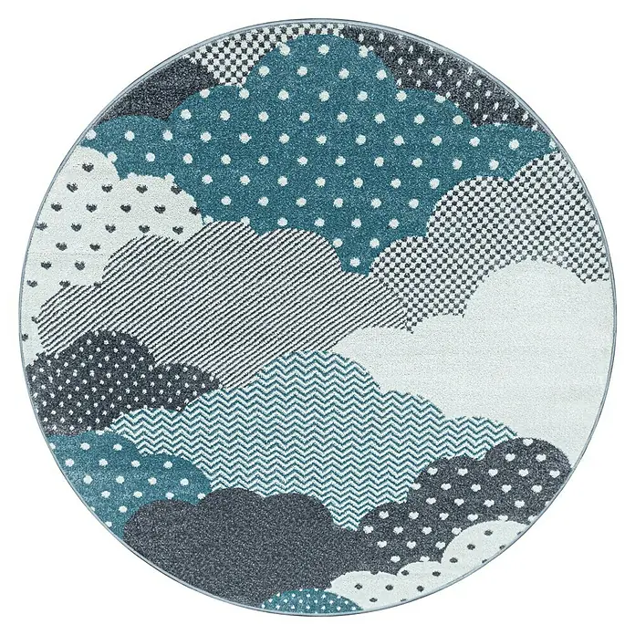 Kinderteppich Bambi 0820 - Blau, Durchmesser: 120 cm, 100 % Polypropylen - Bunter runder Teppich mit Wolkenmuster, ideal für Kinderzimmer, mit verschiedenen Texturen und Farben für eine spielerische Atmosphäre.