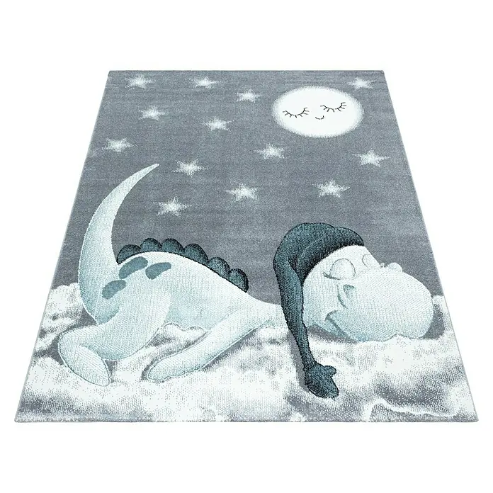 Kinderteppich Bambi 0840 - Blau, 290 x 200 cm, 100 % Polypropylen - Ein rechteckiger Kinderteppich mit einem schlafenden Dinosaurier im Nachthemd auf einer Wolke unter einem schlafenden Mond und Sternen.