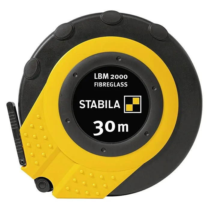 Stabila Kapselmaßband LBM 2000 Fibreglas - 30 m - Das Bild zeigt ein STABILA LBM 2000 Fiberglas-Bandmaß mit einer Länge von 30 Metern. Es ist ein robustes und präzises Werkzeug für Messarbeiten.