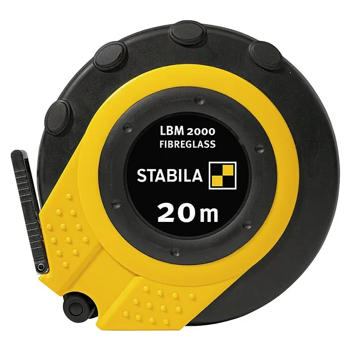 Stabila Kapselmaßband LBM 2000 Fibreglas20 m - Ein Stabila LBM 2000 Fiberglas Rollbandmaß in Schwarz und Gelb, ideal für präzise Messungen auf Baustellen.