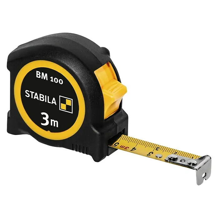 Stabila Taschenbandmaß BM 100 - 3 m - Schwarzes Stabila BM 100 Rollbandmaß mit gelben Akzenten und einer Länge von 3 Metern für präzise Messungen.