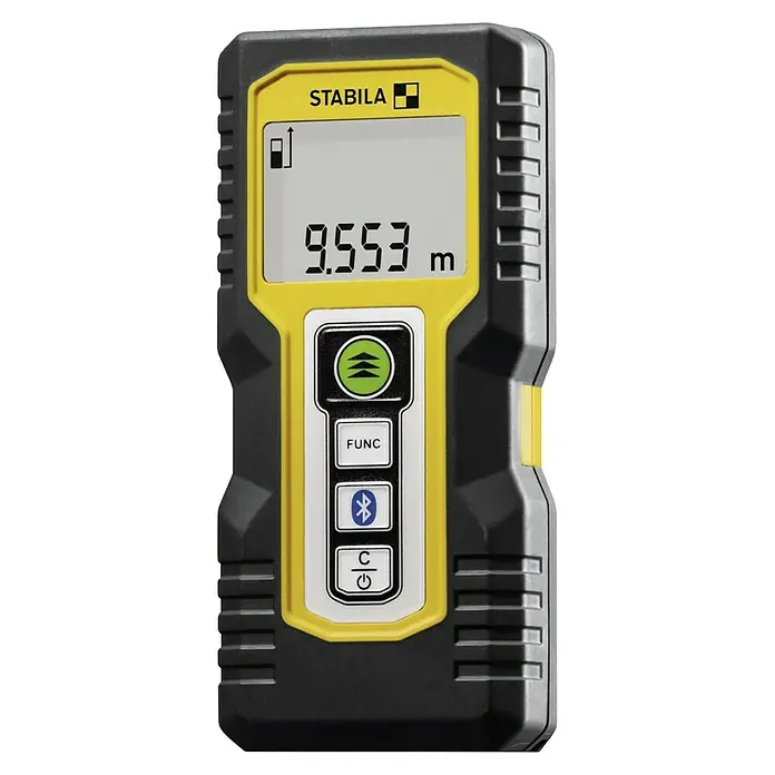 Stabila Laserentfernungsmesser LD 250 BT - Max. Arbeitsbereich: 50 m - Bild eines Stabila-Laser-Entfernungsmessers mit digitaler Anzeige und mehreren Tasten. Das Gerät ist gelb und schwarz.