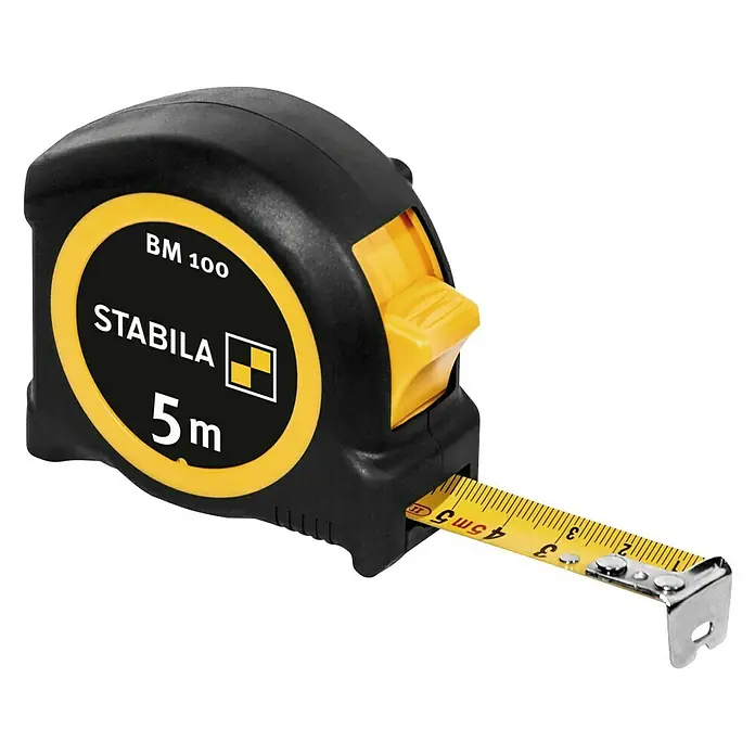Stabila Taschenbandmaß BM 100 - 5 m - Bild einer schwarzen Stabila BM 100 Rollbandmaß mit gelben Akzenten, die bis zu 5 Meter messen kann.