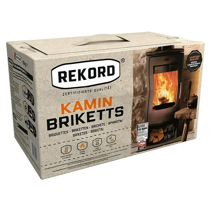 Rekord Braunkohlebriketts - 10 kg - Karton mit Kaminbriketts der Marke Rekord, zertifizierte Qualität, hohe Heizwerte und lange Brenndauer für gemütliche Wärme.