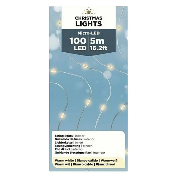 Guirnalda luminosa LED Int - Para interior, Color de luz: Blanco cálido, Número de bombillas: 100 ud., 495 cm - Imagen del producto de las luces de Navidad Micro-LED con 100 LEDs y una longitud de 5 metros. Luz blanca cálida ideal para interiores.