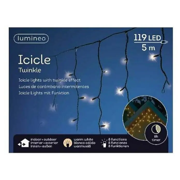 Guirnalda luminosa LED Ext - Para exterior, Color de luz: Blanco cálido, Número de bombillas: 259 ud., Funcionamiento en red, 5 m - Imagen del producto de la cadena de luces Lumineo Icicle Twinkle con 119 LED y 5 metros de largo, apta para uso interior y exterior, con 8 funciones y temporizador.