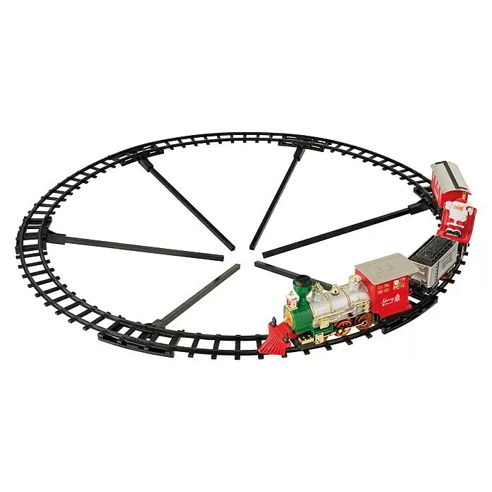 Elemento decorativo Tren LED - Colores surtidos, Plástico, 1 ud. - Un tren de juguete festivo rojo y verde con locomotora, vagón de carbón y figura de Papá Noel, en una vía circular negra.