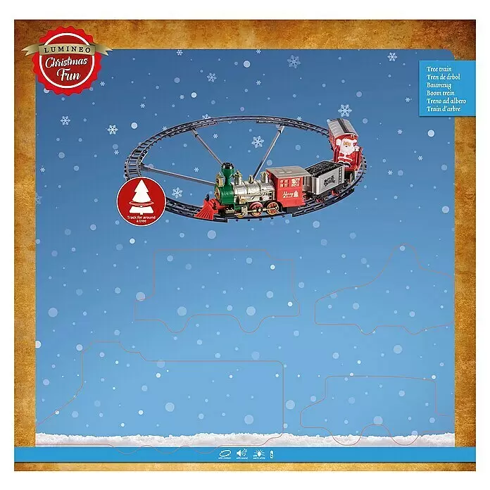 Elemento decorativo Tren LED - Colores surtidos, Plástico, 1 ud. - Un colorido tren de Navidad con locomotora, vagón de Santa y carbón en vía circular para árbol, con movimiento, sonido y luces LED cálidas.