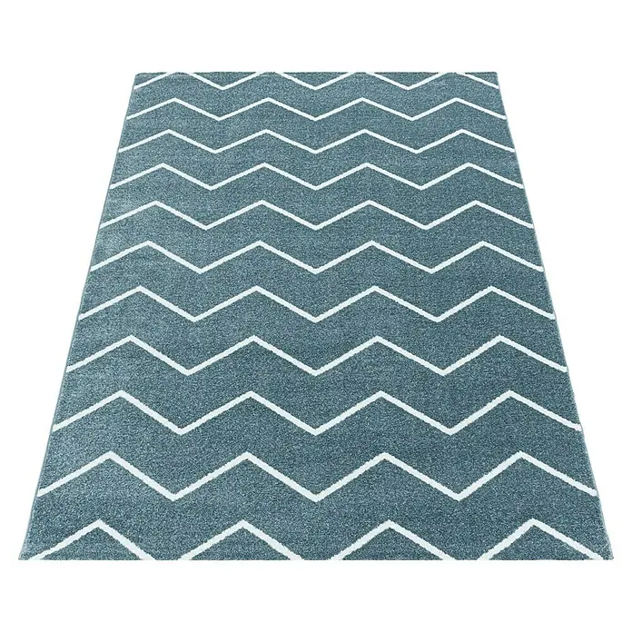 Hochflorteppich Rio 4602 - Blau, 250 x 80 cm, 100% Polypropylen - Grauer Teppich mit weißem Zickzackmuster. Ein stilvoller und moderner Teppich für jeden Raum.