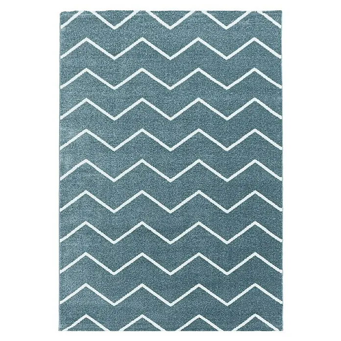 Hochflorteppich Rio 4602 - Blau, 250 x 80 cm, 100% Polypropylen - Abstrakt gemusterter Teppich mit einem trendigen Zickzackmuster in Grau und Weiß für ein modernes Ambiente im Raum.