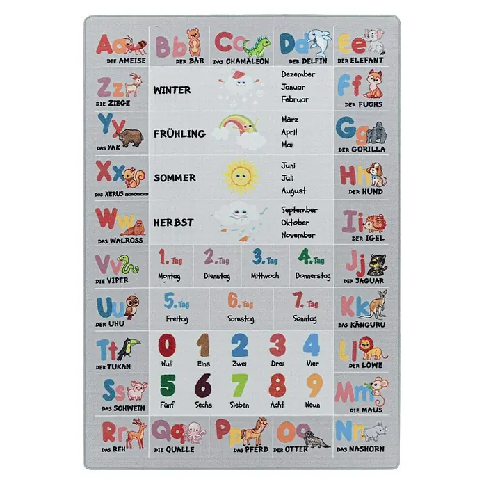 Kinderteppich Play 2904 - Grau, 150 x 100 cm, 100% Polyamide - Eine bunte ABC-Lernmatte mit deutschen Vokabeln, Zahlen und Jahreszeiten. Ideal für Kinder, um spielerisch Deutsch zu lernen.
