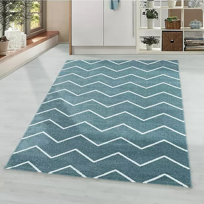 Hochflorteppich Rio 4602 - Blau, 250 x 80 cm, 100% Polypropylen - Blauer Teppich mit weißem Zickzackmuster.