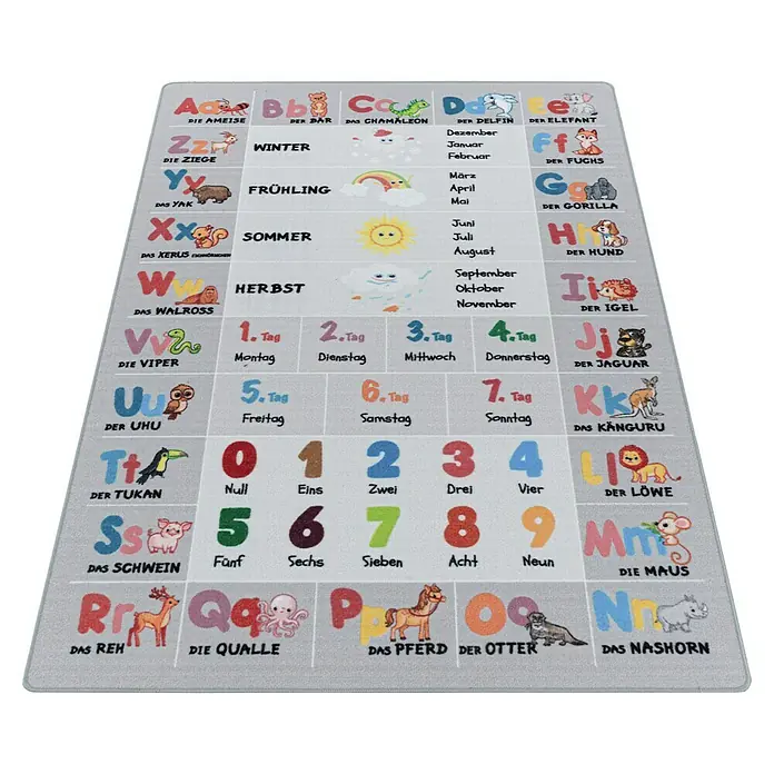 Kinderteppich Play 2904 - Grau, 150 x 100 cm, 100% Polyamide - Bunte Lernmatte mit Alphabet, Zahlen und Jahreszeiten für Kinder zum spielerischen Lernen von Buchstaben und Zählen.