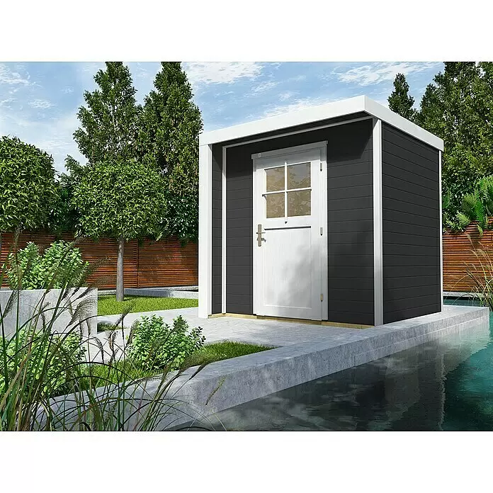 Weka Gartenhaus Designhaus 262 - Außenmaß inkl. Dachüberstand (B x T): 214 x 215 cm, Holz, Anthrazit/Weiß - Dunkelgraues Gartenhaus mit weißer Tür und Zierleiste, in einem modernen Garten neben einem Teich.