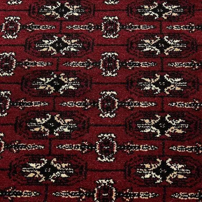 Kurzflorteppich Orient-Optik Marrakesh 0351 - Rot, 170 x 120 cm, 100% Polypropylen - Tiefroter Teppich mit wiederkehrendem traditionellem Muster in Schwarz und Beige.