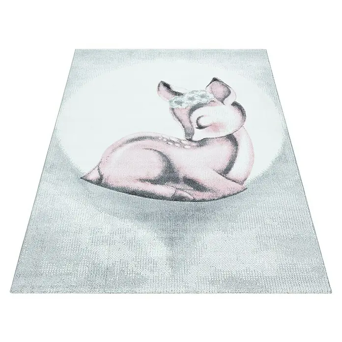 Kinderteppich Bambi 0850 - Pink, 170 x 120 cm, 100 % Polypropylen - Rechteckiger Teppich mit einem zarten Reh-Motiv in Rosa und Grau, ideal für Kinderzimmer. Der Teppich schafft eine gemütliche Atmosphäre.