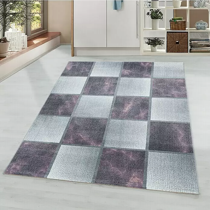 Kurzflorteppich Ottawa 4201 - Lila, 200 x 140 cm, 100% Polypropylen - Schachbrettgemusterter Teppich mit lila/rosa marmorierten und hellgrauen strukturierten Quadraten.