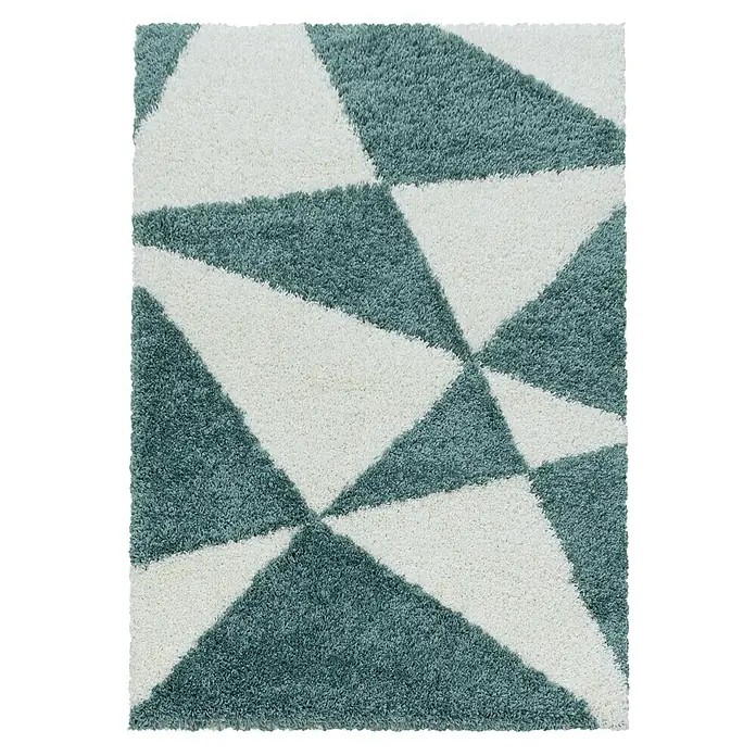 Hochflorteppich Tango 3101 - Blau, 250 x 80 cm, 100% Polypropylen - Nahaufnahme eines modernen Teppichs mit einem geometrischen Dreiecksmuster in Weiß und gedämpftem Blaugrün für stilvolle Wohnräume.