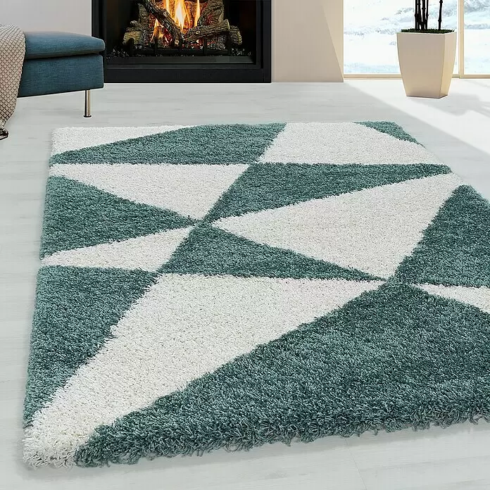 Hochflorteppich Tango 3101 - Blau, 250 x 80 cm, 100% Polypropylen - Flauschiger Teppich mit geometrischen, ineinandergreifenden petrolfarbenen und weißen Dreiecken.