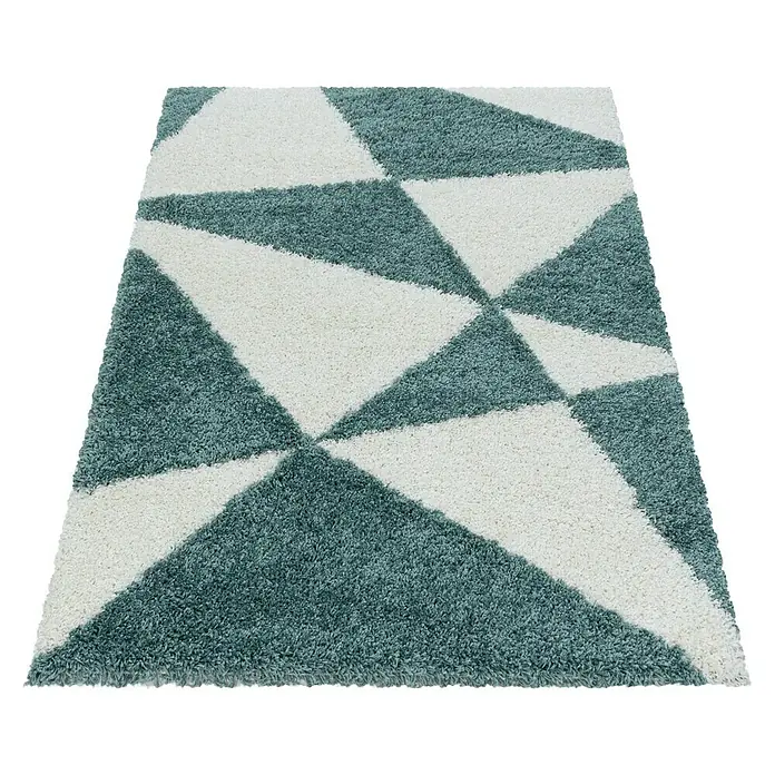 Hochflorteppich Tango 3101 - Blau, 250 x 80 cm, 100% Polypropylen - Ein rechteckiger Teppich mit einem modernen geometrischen Muster in Grün- und Weißtönen, ideal für ein stilvolles Zuhause.