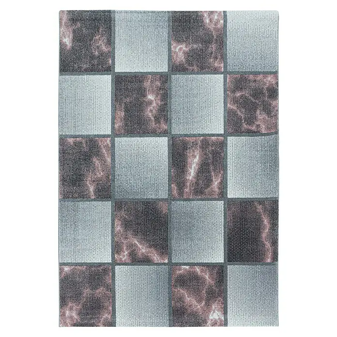 Kurzflorteppich Ottawa 4201 - Rose, 200 x 140 cm, 100% Polypropylen - Quadratische Fliesen mit Marmor- und Streifendesign in Silber- und Lilatönen, die ein modernes und stilvolles Muster ergeben.