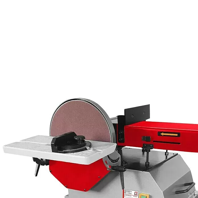 Holzmann Elektro-Bandschleifmaschine BT1220 - 750 W - Nahaufnahme einer rot-grauen Tellerschleifmaschine mit einer runden Schleifscheibe und einem verstellbaren weißen Arbeitstisch.