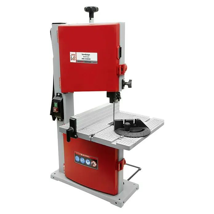 Holzmann Bandsäge HBS230 ECO - 350 W - Das Bild zeigt eine Bandsäge HBS 230ECO von Holzmann-Maschinen in Rot und Grau, eine leistungsstarke Maschine für Holzarbeiten.