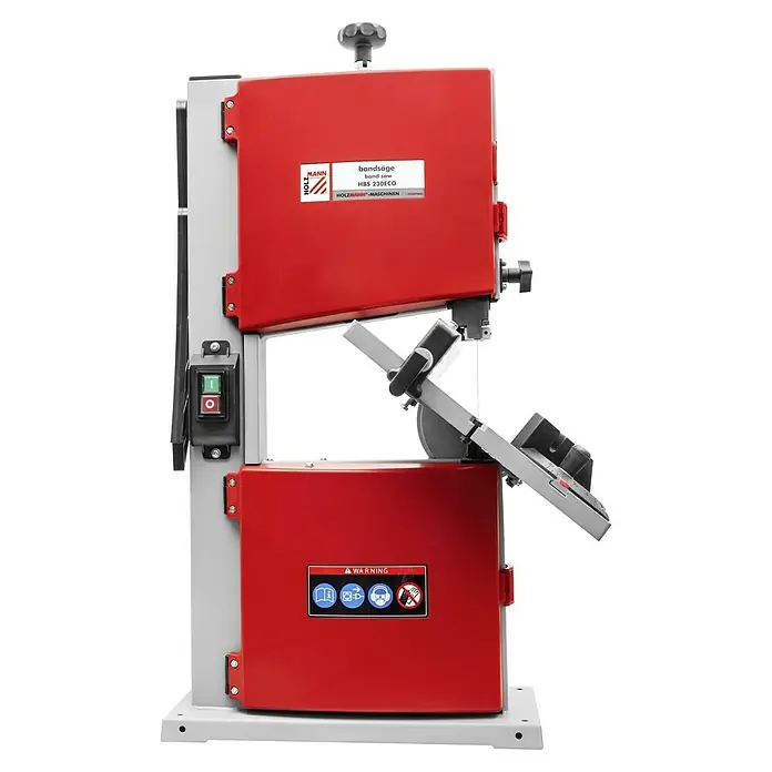 Holzmann Bandsäge HBS230 ECO - 350 W - Abbildung einer Bandsäge der Marke Holzmann, Modell HBS 230ECO, in Rot und Grau.